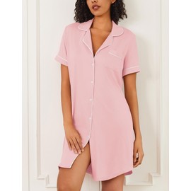 Ekouaer Nightgowns for Women 2 Pack Button Down Sleepwear Short Sleeve Sleepshirts Soft Nightshirts Boyfriend Pajama Dress,Black/Pink,M