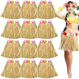 Janmercy 12 Pack Natural Raffia Luau Hula Skirt Hawaiian Tropical Flowered Grass Outfit for Party Decoration(15.75 Inch)