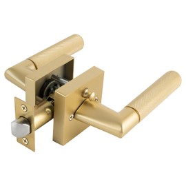 Interior Privacy Door Handle with Lock, Indoor Knurled Heavy Duty Gold Door Lever Satin Brass Finish, Reversible Keyless Left Right Handed Square Turn Lockset for Bedroom & Bathroom 1 Pack