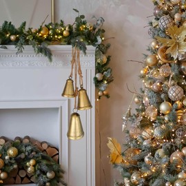 Christmas Bells Decorations Brass Hanging - Rustic Xmas Bell Cow Decor Decorative Vintage Antique Lucky for Door Porch Wreath Mantle Greenery Farmhouse Garland Stair Rail Holiday, Brass,3pcs