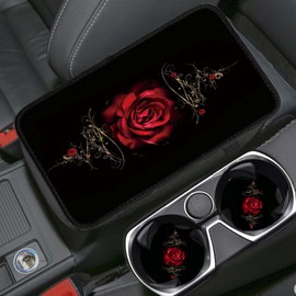 RAUEDWDJS Auto Center Console Cover Pad+ 2 Coasters, Stylish Pattern Soft Car Armrest Cover Auto Center Console Pad, Car Decorative Accessory Universal Fit for Most Car/SUV/Truck, Red Rose