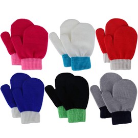Toddler Mittens Winter Warm Knit Kids Gloves Magic Stretch Color Contrast Gloves for Baby Boys and Girls 1 2 3 4 Years Old, 6 Pairs