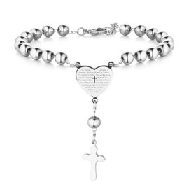 Flonge Latin Cross Rosary Bracelet: Classic Catholic Cross Pendant Bracelet Christian Heart Bible Beaded Bracelet Charm Jewellery Gift Silver