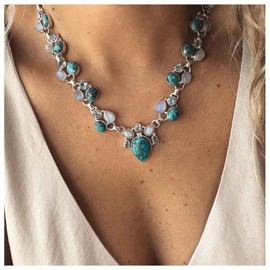 Cimenexe Bohemian Turquoise Choker Necklace Water Drop Turquoise Pendant Necklace Teardrop Moonstone Necklace Choker Silver Crystal Necklace Chain Blue Natural Stone Necklace Jewellery for Women