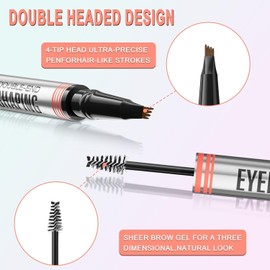 Lápiz de Cejas 2 en 1 con Gel y Cepillo, Lápiz de Cejas Mejorado de Doble Punta, Microblading 3D con 4 Puntas, Cepillo para Cejas, Resistente al Agua y Fácil de Usar (4 pcs)