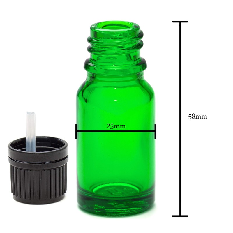 Aura 10ml GREEN Glass Bottles with Black T/E Caps &