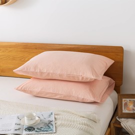 WITHKIYA Washed Cotton Pillowcases, 2 Pack Breathable Yarn Dyed Solid Envelope Closure Soft Pillow Cases Pink King Size Pillow Cover (20" x 36")