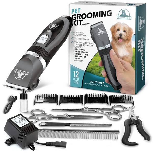 Pet Union Professional Dog Grooming Kit, Rechargeable, Cordless, Low Noise Dog Clippers for Grooming Thick Coats - Clippers, Nail Trimmer, Complete Grooming Set for Dogs, Cats, Other Pets (Gunmetal)