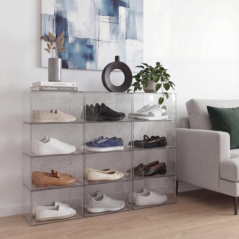 Jiuguva 24 Pcs Shoes Storage Set Plastic, 12 Clear Stackable
