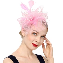 Umturmok Women's Tea Party Fascinators Mesh Flower-Shaped Pearl Feather Veil Fascinator Hats with Headband and Clip Pink