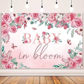 MEHOFOND 7x5ft Baby in Bloom Backdrop Pink Floral Baby Shower Decoration Banner Watercolor Flower Butterfly Newborn Girls Party Photography Background Baby in Bloom Baby Shower Decor Photo Booth Props