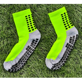 Cooyoto Grip Socks Soccer Athletic Crew Socks for Men, Women and Youth | Moisture Wicking, Cushioned, Non Slip | 2 Pairs | Neon Green, Adult