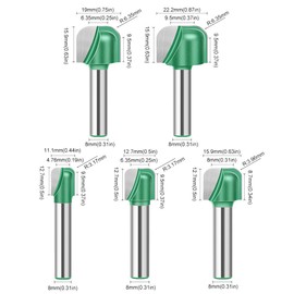 WSOOX Pack of 5 Chamfer Cutters 8 mm Shank Bowl and Tray Template Cutter Bits Router Bit for Woodworking Tool Cutting Diameter: 11.1 mm, 12.7 mm, 15.9 mm, 19 mm, 22.2 mm