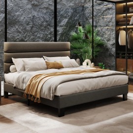 Modern King Bed Frame Headboard, Linen Fabric Upholstered Platform Bed Furniture