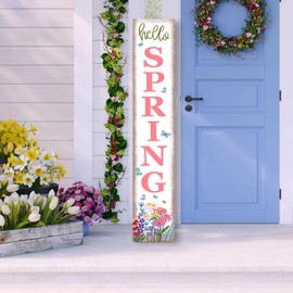 Hello Spring Porch Sign Watercolor Flowers Front Door Hanging Decorations Indoor Outdoor Wooden Vertical Standing Welcome Sign For Home Yard Farmhouse Holiday Decor 47 x 7.8 inch