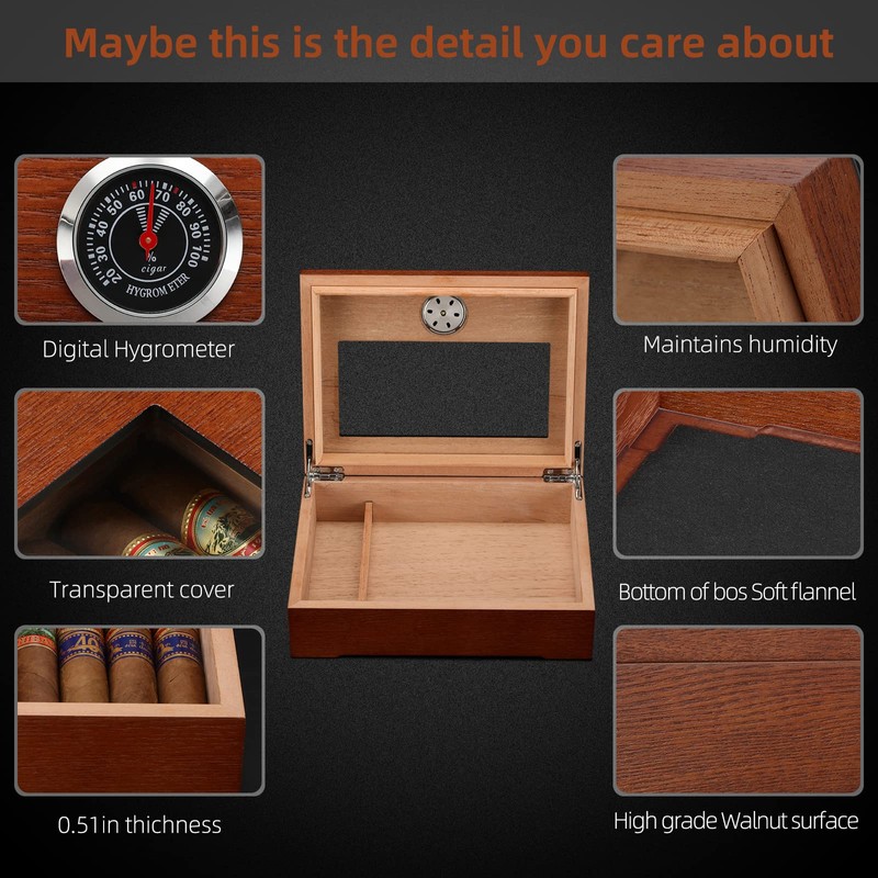 TISFA Cigar Humidor, Glass Top Cigar Box with Hygrometer Humidifier