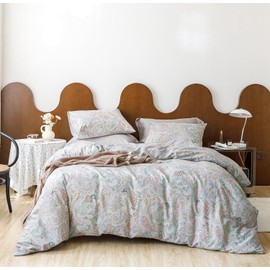 SUSYBAO Pink Floral Duvet Cover Queen 100% Cotton Green Paisley Duvet Cover 3 Pcs Set 1 European Style Boho Flower Duvet Cover with Zipper Ties 2 Pillowcases Luxury Soft Vintage Bohemian Bedding