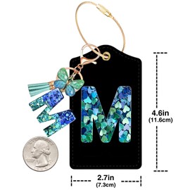 Initial Luggage Tag for Suitcase, Crystal Letter with Tassel Butterfly Keychains Leather Bag Tags, Identifiers Privacy Cover ID Label with Durable Steel Loop for Women Men Kids Travel, Green Letter M