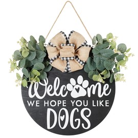 Welcome We Hope You Like Dogs Farmhouse Door Sign for Front Door Porch Decor Φ30cm Round Wooden with Eucalyptus Leaves Hanging Housewarming Home Decor for Dogs Lovers Gift (Black)