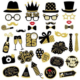 New Year’s Photo Booth Props 2025 – Pack of 35, NYE Photo Booth Props 2024 | New Year’s Eve Party Supplies 2025 | New Year’s Eve Photo Booth Props 2025 | Happy New Year Decorations 2025 Props