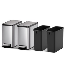 EKO Slim Small Bathroom Trash Can with Lid, Stainless Steel Kitchen Garbage Can with Removable Inner Bucket, 6L / 1.6 Gal 2 Pack Step On Trash Can Combo