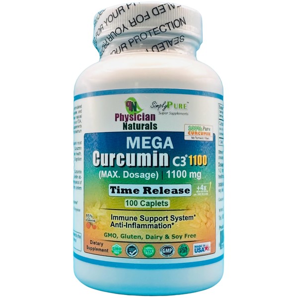 Physician Naturals Mega Curcumin C3 Time Release 1100 mg 100 Caplets Highest Dosage Ultra Pure Curcumin Turmeric Ext