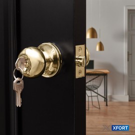XFORT Bello Entrance Knob Set Polished Brass, Door Knob with Lock for Internal Wooden Doors, Complete Set with Tubular Latch and 3 Keys