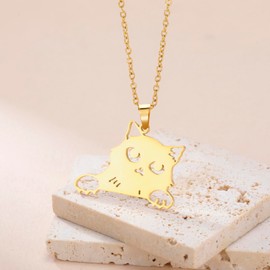 KKJOY Cat with Tilted Head Necklace Stainless Steel Cute Pet Kitty Pendant Jewelry For Cat Lovers Women Charming Ladies (Gold)