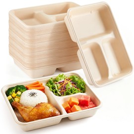 Havawish 80 Pack 37 oz 3 Compartment Deepen Disposable Plate, 8.9" x 6.9" x 1.6" Compostable Square Lunch Tray Heavy Duty Biodegradable Bagasse Divided Sectional Bowl for Party Catering Meal Prep