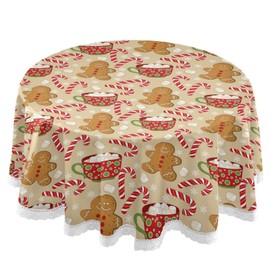 Gingerbread Christmas Cookies Round Tablecloth 60" Winter Candy Canes Cup Snowflake Tablecloths with Lace Washable Stain Resistant Tablecover for Kitchen Dining Holiday Home Party Xmas Decor