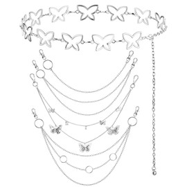 5 Pcs Waist Belt Jeans Pants Chain Punk Pocket Multilayer Hip Hop Wallet, Silver Butterfly Belt for Women Dress Body Belly Goth Accessories for Men Women