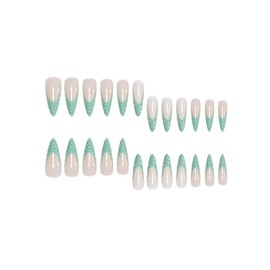 Stiletto Press on Nails Long Green French Tip Fake Nails Glossy Full Cover False Nails with Designs Extra Long Nail Press ons Sparkly Artificial Acrylic Nails Cute Stick on Nails for Women 24Pcs