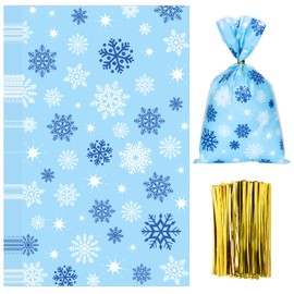 Whaline 100Pcs Christmas Cellophane Bag with 100 Gold Twist Ties White Blue Snowflake Candy Cookie Treat Bag Xmas Winter Cello Goody Bag for Party Supplies