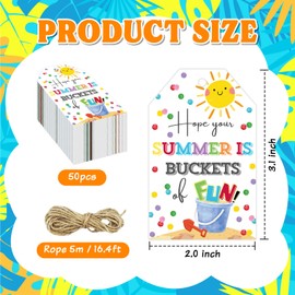 50pcs Buckets Summer Gift Tags with String Summer Party Favors End of The Year Gift Tag Labels for Teacher Classroom Party Decorations Beach Themed