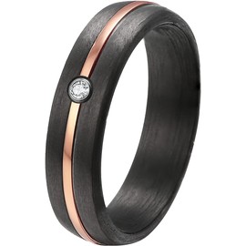 DOOSTI Women's Men's Ring Carbon Black with Stainless Steel Inlay Rose Gold with Zirconia as Partner Ring Wedding Ring Friendship Ring, Precious metal, Cubic Zirconia