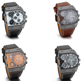 JewelryWe 4PCS Big Mens Oversize 3 Time Zone Leather Quartz Military Sport Watches Christmas Gifts