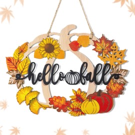 Walsis Fall Wreaths for Front Door: Hello Fall Pumpkin Hanging Decor -14.6 Inch Pumpkins Decorations Maple Leaf Sign for Thanksgiving Harvest Autumn Farmhouse Signs Outdoor Wall Window Hanger