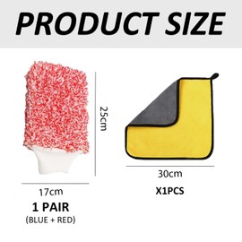 HDGSAFD Pack of 2 Car Wash Gloves with 1 Piece Car Wash Towel, Super Absorbent Cleaning Gloves, Microfibre Car Wash Gloves, Car Care Set for Cars, Furniture, Windows (Blue, Red)