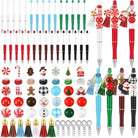 Resurhang 14 set Christmas Beadable Pens Xmas DIY Plastic Bead Pens Snowmen Santa Bead Ballpoint Pen Black Ink with Rhinestone Beads Wooden Beads Pendants for Gifts Supplies