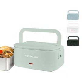 Nostalgia 32-Ounce Heated Electric Lunch Box – Travel Size 4 Cup Capacity for Soup, Pasta, and Leftovers – Leak-Proof Silicone Sealed Lid, Foldable Carry Handle, Detachable Cord – Sage