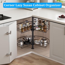 Corner Cabinet Lazy Susan, HANKEY Kitchen Corner Cabinet Organizer with 360° Rotating Metal Turntable，2-Tier Kidney-Cut Shaped Lazy Susans with 22.3~31.1in Height Adjustment,Black