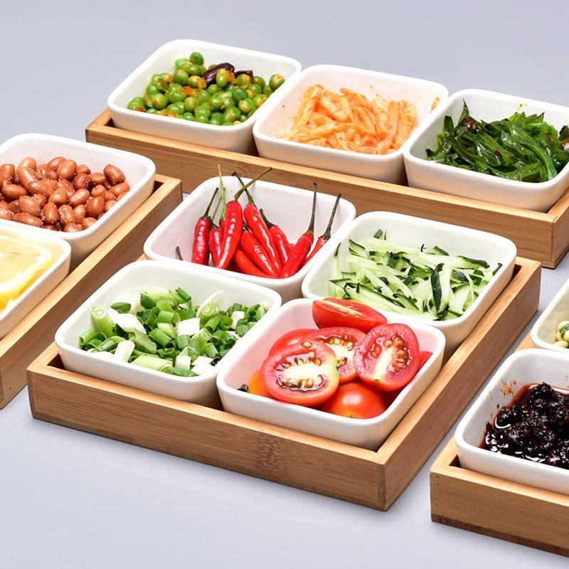 WENMAQIN Ceramic Snack Bowls with Bamboo Tray Set,Divided Serving Bowls