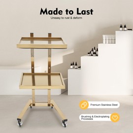 Gold Rolling Trolley Cart Tray, Salon Tray On Wheels, Spa Storage Equipment Organizer, Circular Armrest, Folding Design, Fro Hair Beauty Salon