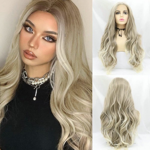 SereneWig 22" Realistic Blonde Wig Natural Blonde Wavy Synthetic Hair Swiss Lace Front Half Hand Tied Heat Resistant