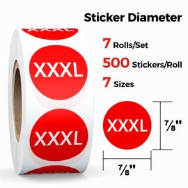 Size Sticker for Clothing, 3500 PCS 7/8” Colored Size Labels, Self Adhesive Shirt Size Stickers for Clothing Brand Supplies (XS, S, M, L, XL, XXL, XXXL)