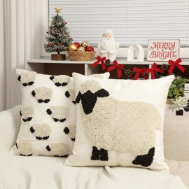Tranqun 2 Pcs 18 x 18 Inch Farmhouse Sheep Throw Pillow Covers, Animal Square Sheep Pillow Cases, Decorative 3D Embroidered Throw Pillows Cases for Sofa Couch Farmhouse Bedroom Home Decoration