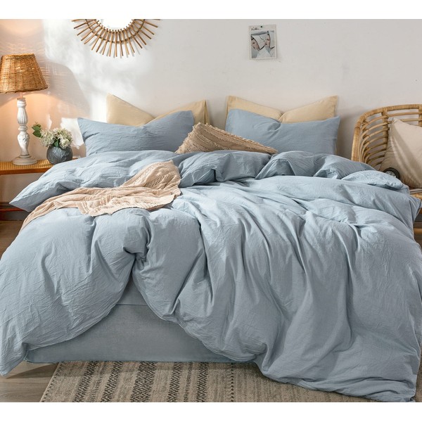 MooMee Bedding Duvet Cover Set 100% Washed Cotton Linen Like Textured Breathable Durable Soft Comfy (Cornflower Blue, King)