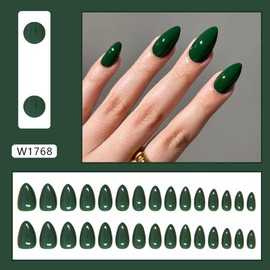 24Pcs Almond Press on Nails Medium Green Fake Nails Glossy Green Glue on Nails Full Cover Acrylic False Nails Dark Green Solid Color Stick on Nails for Women and Girls DIY Spring Nail Art Decoration