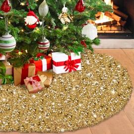 Large Gold Christmas Tree Skirt 46 Inch Glittery Sequin Tree Skirt Sparkle Velvet Xmas Tree Skirt for 6ft Trees Christmas Tree Base Skirt Golden Tree Skirt Ring for Thanksgiving Fall Season Decor
