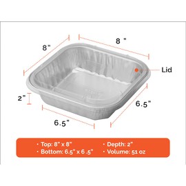 8" Square Aluminum Pans +Lids | 51oz, 8"x2" | 3X Thick, Reusable | Microwave, Oven, Air Fryer, Grill Safe| Ideal for Camping, Lunch Box, and Meal Prep | For Pasta, Chicken, and Mac and Cheese (6)